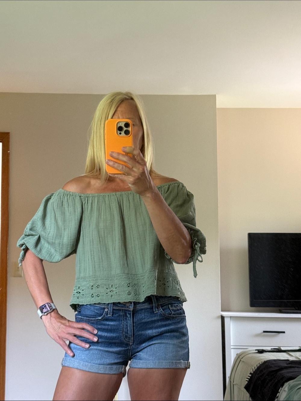 American Eagle Outfitters Sage Green Off-Shoulder Eyelet Hem Top